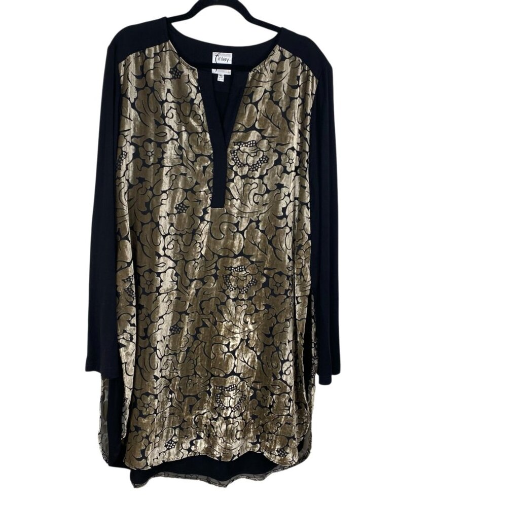 Finley Women's Tunic Dress Black Sz XL Velvet Burnout Holiday Retro Old Money